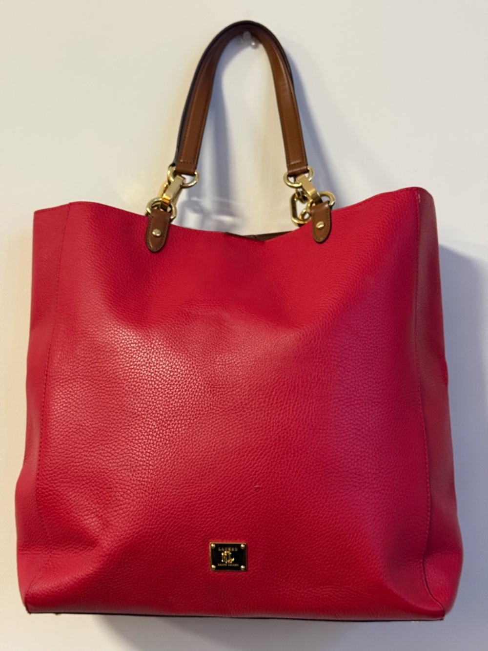 Ralph Lauren Red Leather Tote with Brown Handles